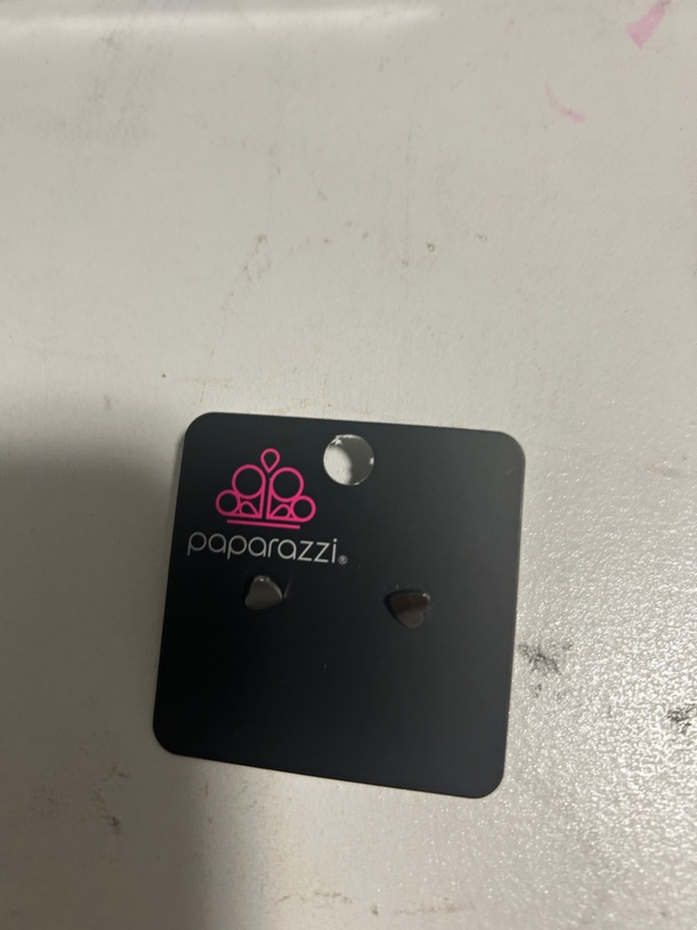 Paparazzi Pink Logo Heart Stud Earrings on Black Card